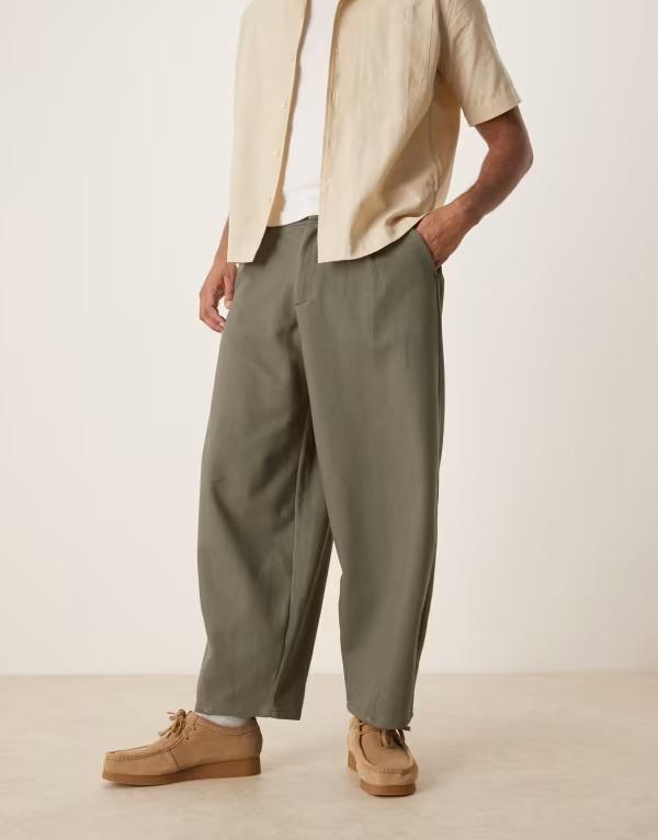 エイソス メンズ ボトムス 心地よいズボン下 ズボン下 ASOS DESIGN barrel leg twill pants green - part of a set khaki カーキ メンズファッション-ズボン・パンツ