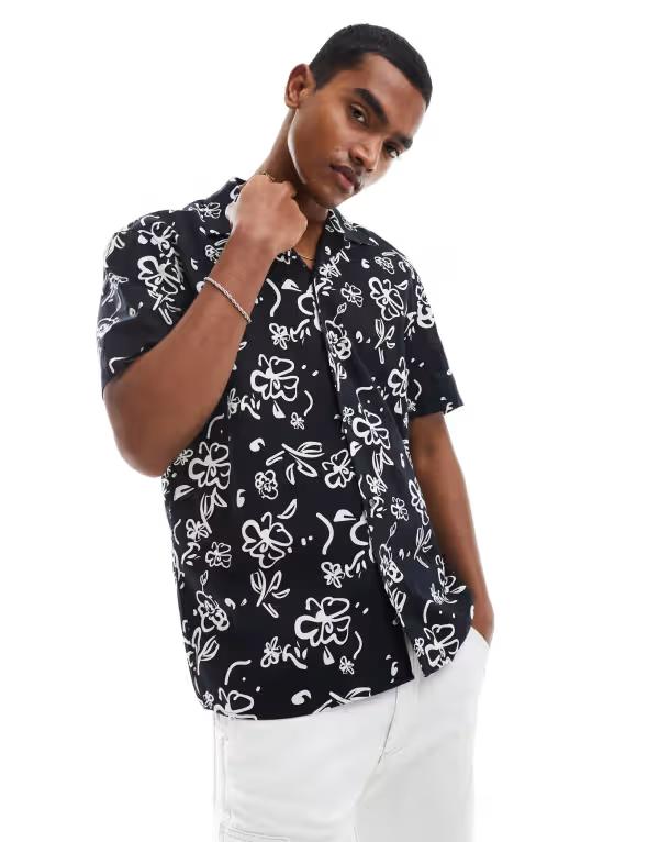セレクテッドオム メンズ トップス シャツ プリント リネン Selected Homme linen mix camp collar shirt with print Black ブラック