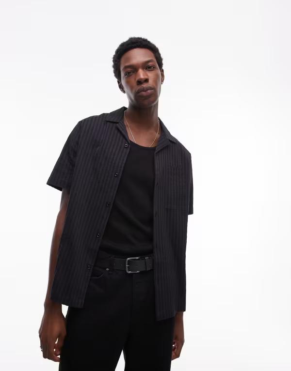 トップマン メンズ トップス シャツ Topman textured striped shirt Black ブラック