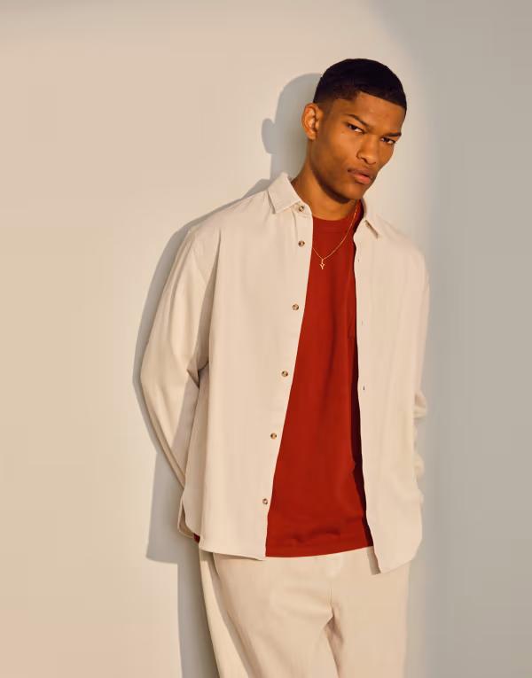 いの一番マン メンズ トップス プルオーバー Topman long sleeve washed canvas overshirt インチ stone ECRU エクリュ