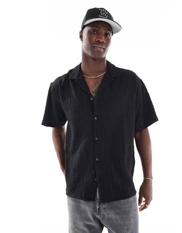 ジャック アンド ジョーンズ メンズ トップス シャツ Jack & Jones camp collar seersucker short sleeve shirt Black ブラック