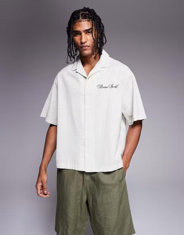 エイソス メンズ トップス シャツ ASOS DESIGN boxy oversized shirt in striped sage seersucker SAGE セージ