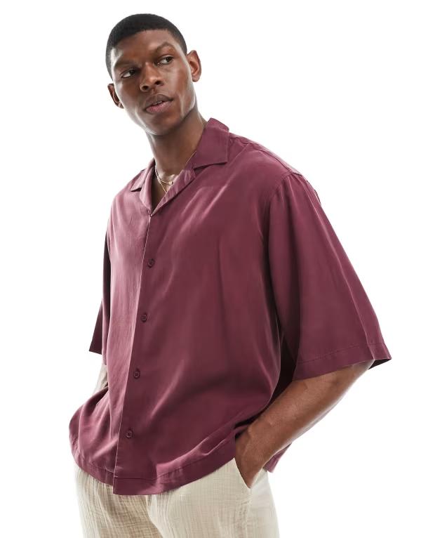 エイソス メンズ トップス シャツ ASOS DESIGN boxy premium oversized camp collar shirt with half sleeves Deep burgundy バーガンディ