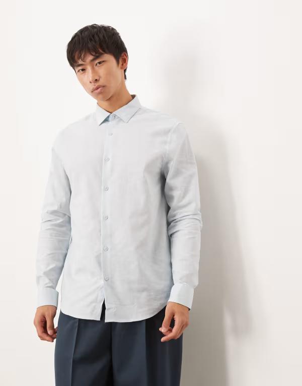 エイソス メンズ トップス プルオーバー リネン ASOS DESIGN formal linen blend regular shirt BLUE 青色