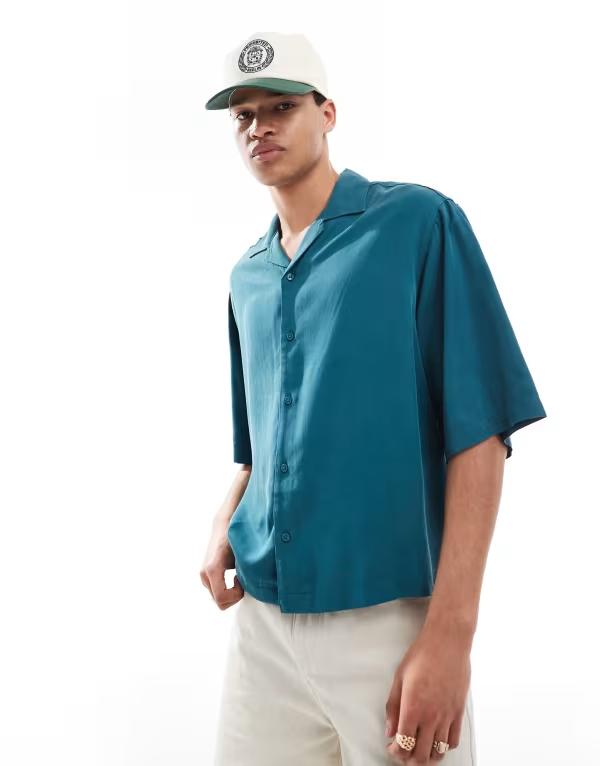 エイソス メンズ トップス プルオーバー ASOS DESIGN oversized camp collar boxy shirt インチ teal Deep teal ティール