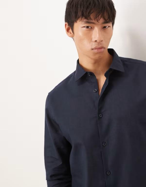 エイソス メンズ トップス プルオーバー リネン ASOS DESIGN formal linen regular shirt NAVY 米国海軍