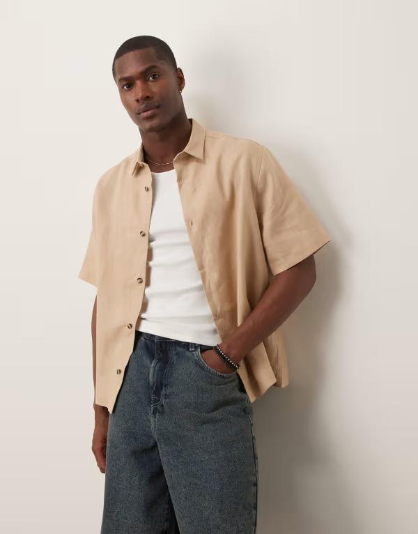 エイソス メンズ トップス プルオーバー リネン ASOS DESIGN premium boxy linen regular shirt インチ sand Sand 沙子