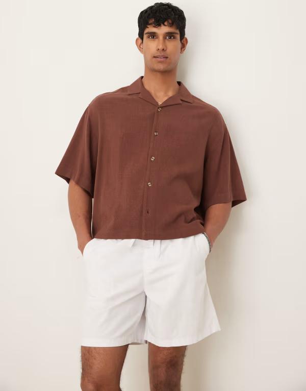 エイソス メンズ トップス シャツ リネン ASOS DESIGN boxy oversized revere linen blend shirt BROWN ブラウン