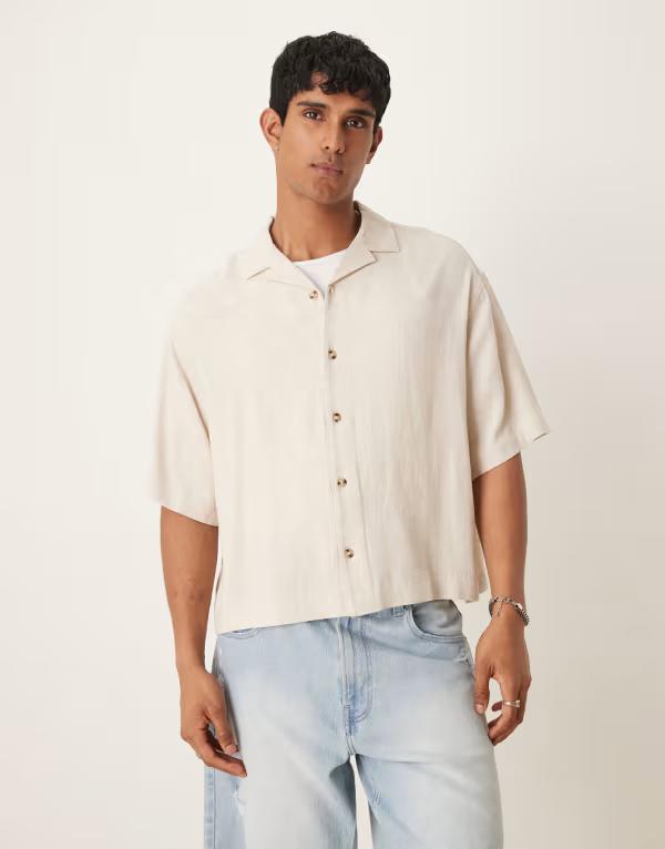 エイソス メンズ トップス シャツ リネン ASOS DESIGN boxy oversized revere linen blend shirt in stone STONE ストーン