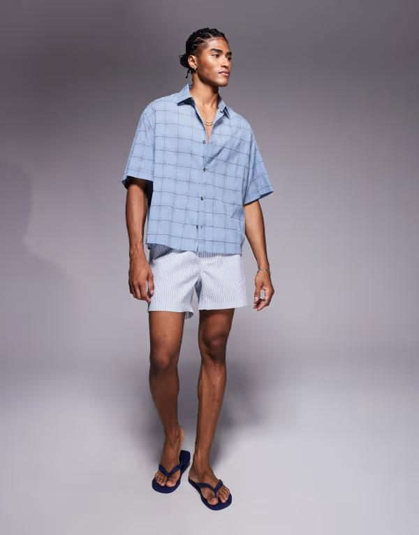 エイソス メンズ トップス シャツ ASOS DESIGN boxy revere shirt with check BLUE ブルー