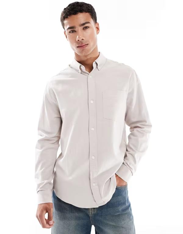 エイソス メンズ トップス プルオーバー オックスフォード ASOS DESIGN oxford regular shirt インチ stone STONE 石ころ