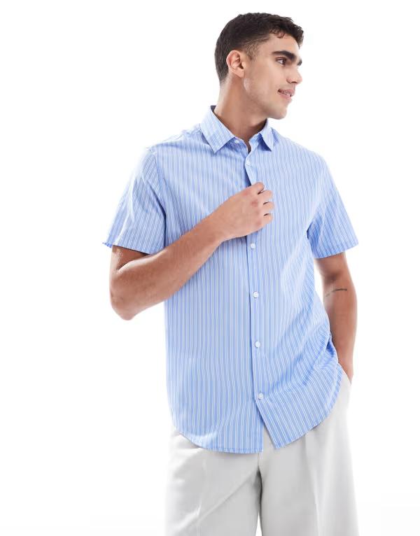 エイソス メンズ トップス シャツ ASOS DESIGN formal easy iron striped regular shirt with concealed buttons BLUE ブルー