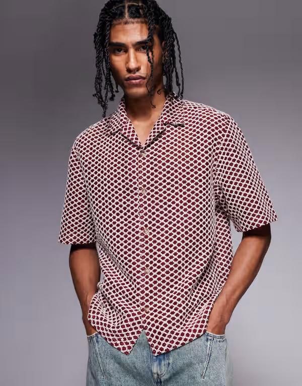 エイソス メンズ トップス シャツ ASOS DESIGN boxy premium textured regular shirt and RED レッド