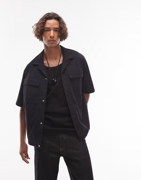 トップマン メンズ トップス シャツ ボタンダウン ダウン ジャージー Topman premium utility button down jersey shirt with snaps NAVY ネイビー