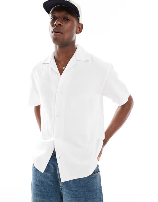 ジャック アンド ジョーンズ メンズ トップス シャツ 刺繍 リネン Jack & Jones embroidered linen mix shirt Bright White ホワイト
