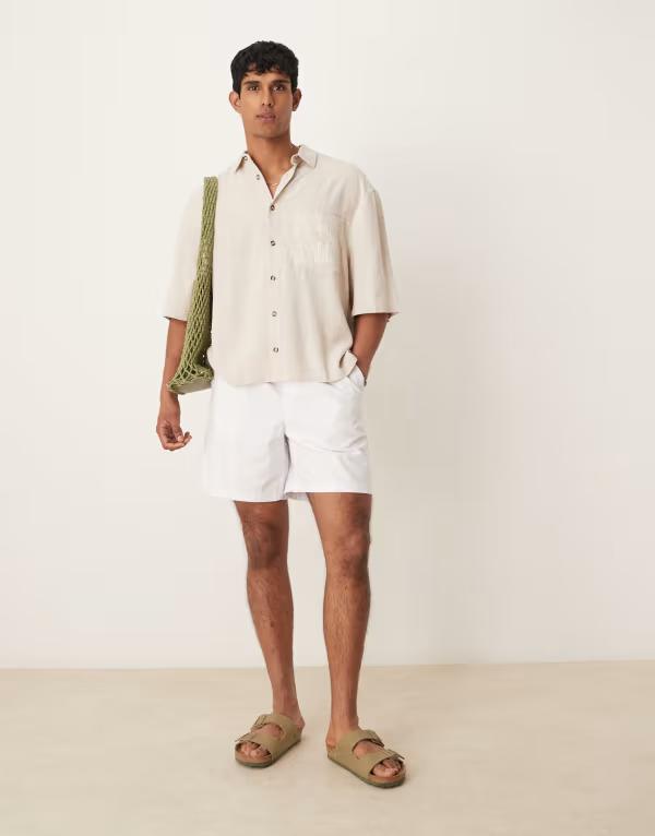 エイソス メンズ トップス シャツ リネン ASOS DESIGN premium linen blend boxy oversized shirt with chest embroidery in cream STONE ストーン