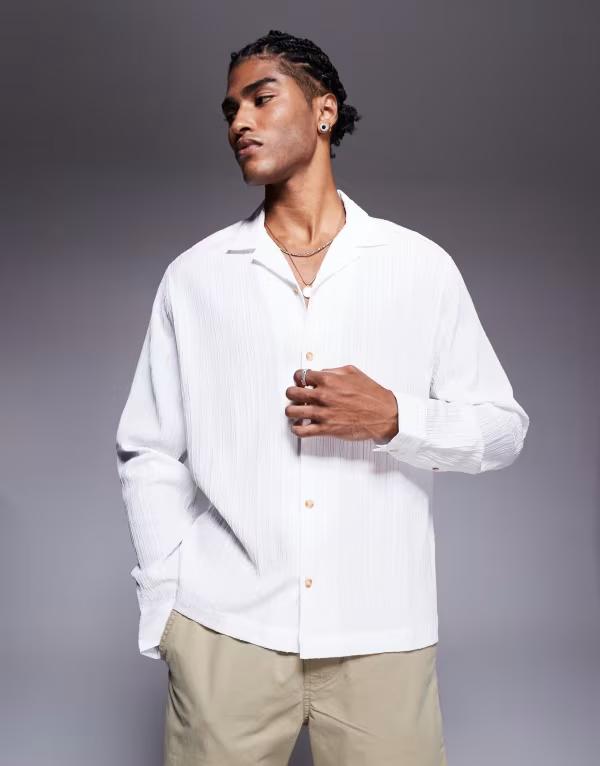 エイソス メンズ トップス シャツ ASOS DESIGN boxy texture camp collar shirt WHITE ホワイト｜ReVida 店