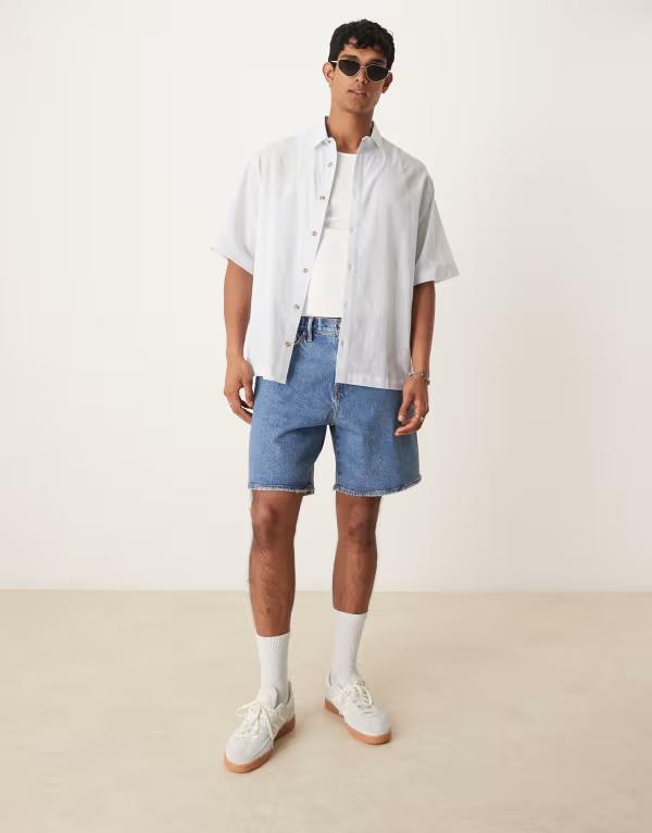 エイソス メンズ トップス プルオーバー リネン ASOS DESIGN boxy oversized linen look shirt インチ light BLUE 青色
