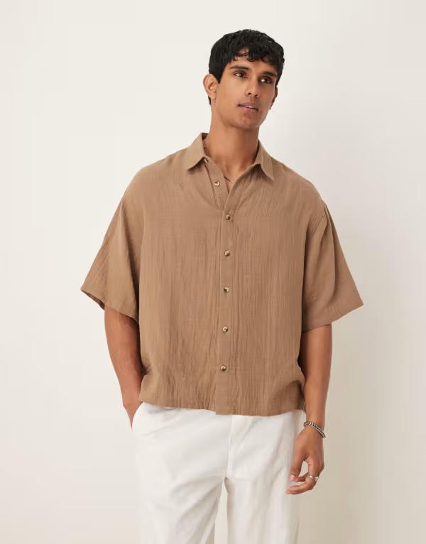 エイソス メンズ トップス シャツ ASOS DESIGN cheesecloth textured regular shirt BROWN ブラウン