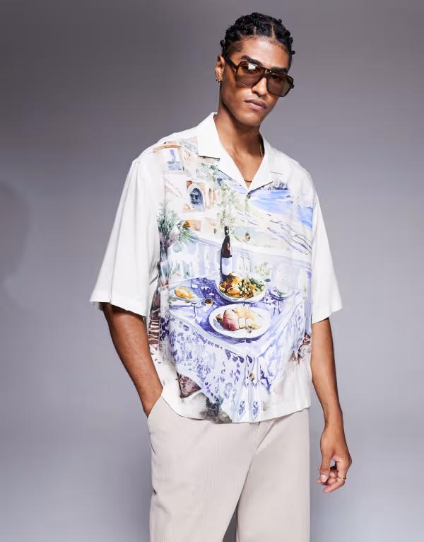 エイソス メンズ トップス シャツ プリント ASOS DESIGN oversized revere shirt with scenic print in cream CREAM クリーム