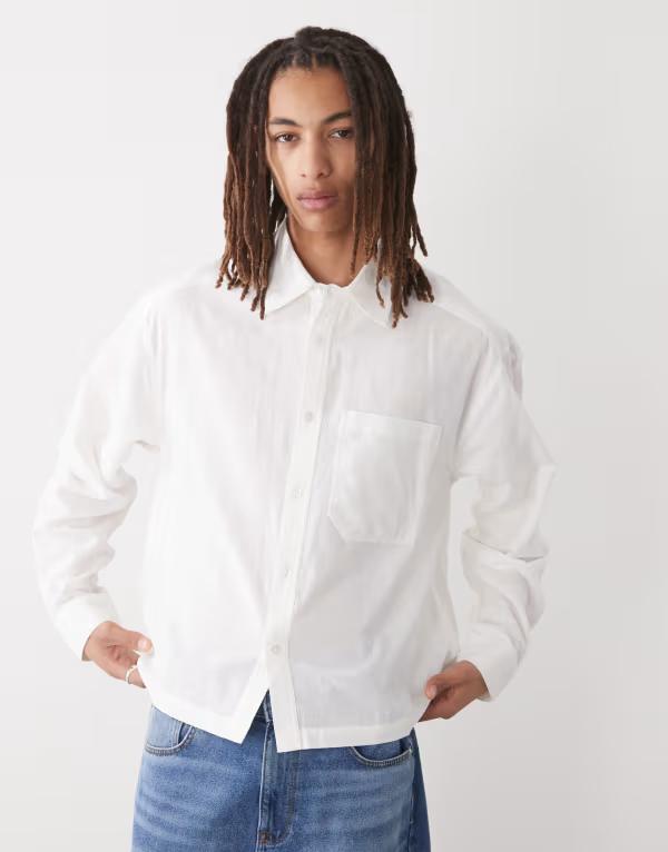 コルージョン メンズ トップス シャツ リネン COLLUSION boxy linen mix short sleeve shirt WHITE ホワイト