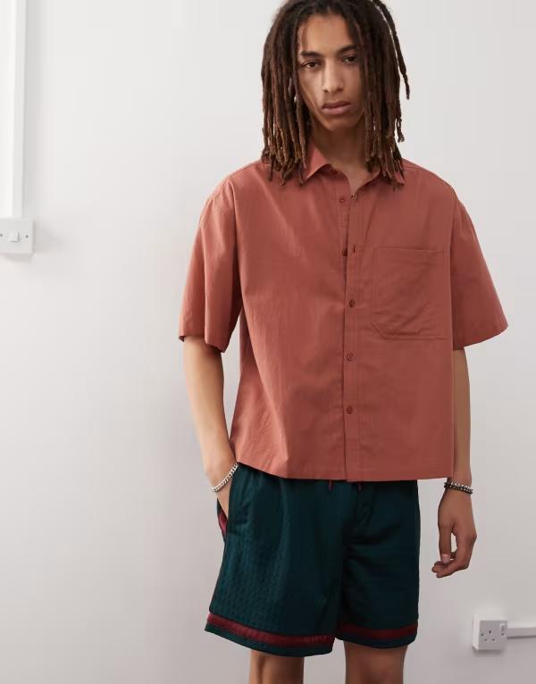 コルージョン メンズ トップス プルオーバー リネン COLLUSION boxy linen mix short sleeve shirt インチ rust挙げ句の果て