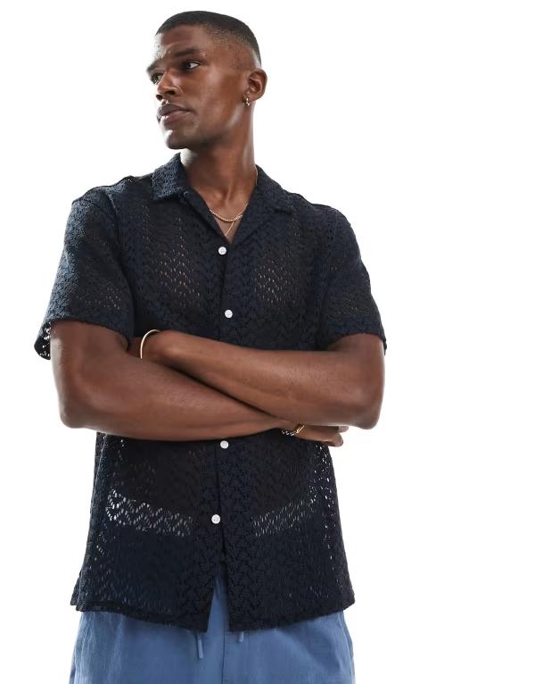 ジャック アンド ジョーンズ メンズ トップス シャツ Jack & Jones crochet shirt Navy ネイビー