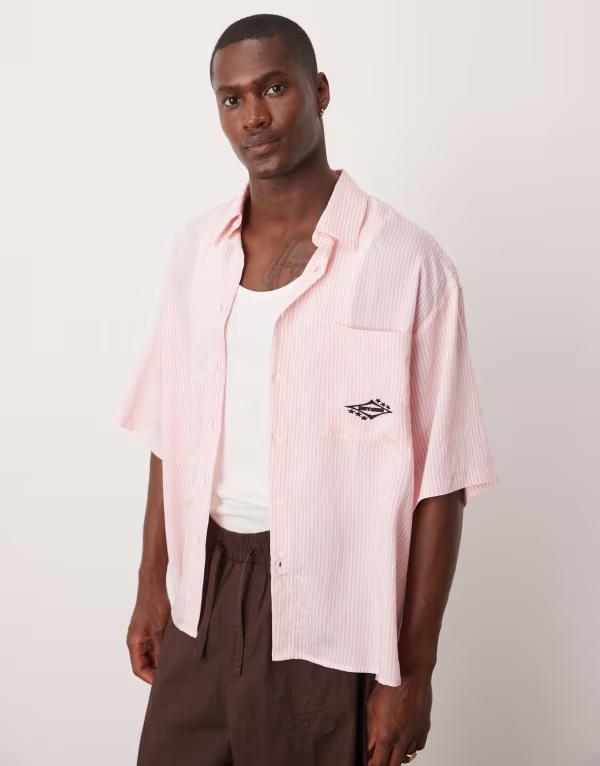 エイソス メンズ トップス シャツ ASOS DESIGN oversized striped shirt with embroidery WHITE ホワイト