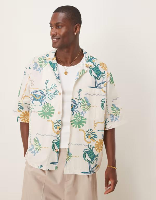 エイソス メンズ トップス シャツ プリント ASOS DESIGN boxy oversized revere printed shirt in neutral NEUTRAL
