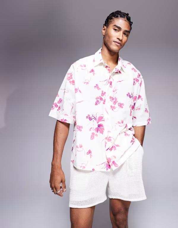 エイソス メンズ トップス プルオーバー 御花柄 刷り上げる 御花 ASOS DESIGN oversized shirt with floral print WHITE 白いこと