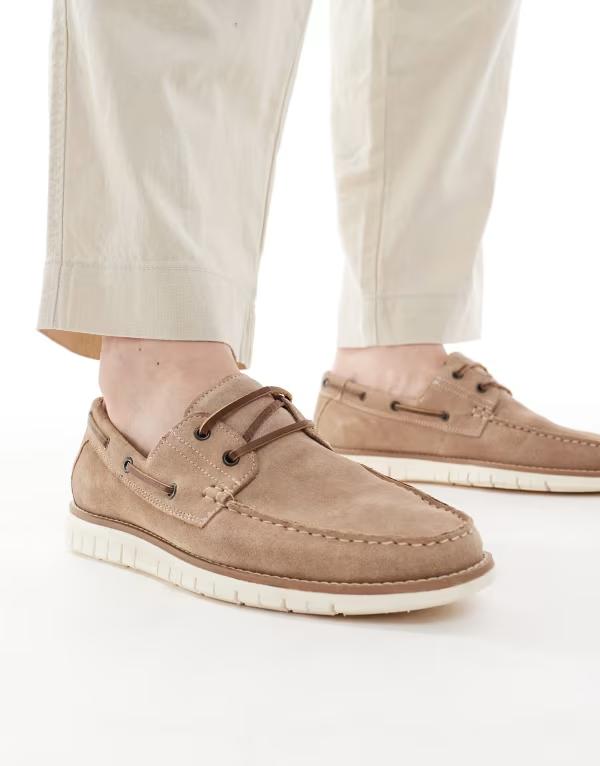 エイソス メンズ シューズ 甲板シューズ スエードクロス ASOS DESIGN boat shoes インチ stone suede STONE 石ころ