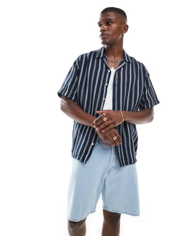ジャック アンド ジョーンズ メンズ トップス シャツ Jack & Jones revere collar textured stripe short sleeve shirt Sky captain ネイビー