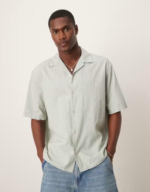 セレクテッドオム メンズ トップス シャツ リネン Selected Homme camp collar linen blend shirt Iceberg green グリーン