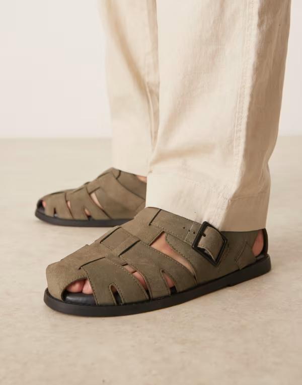 エイソス メンズ シューズ サンダル スエード ASOS DESIGN fisherman sandals suede Khaki カーキ