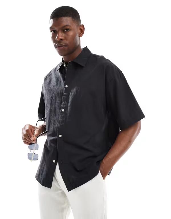 ジャック アンド ジョーンズ メンズ トップス シャツ リネン Jack & Jones oversized linen mix shirt Black ブラック