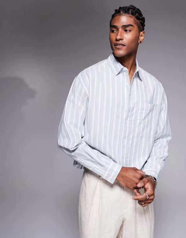 エイソス メンズ トップス シャツ ASOS DESIGN boxy oversized shirt and blue stripe White/blue ホワイト