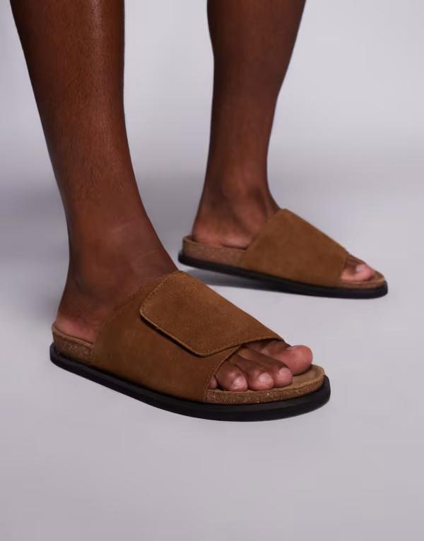 エイソス メンズ シューズ サンダル スエード ASOS DESIGN slider sandals in tan suede with cork sole Tan タン