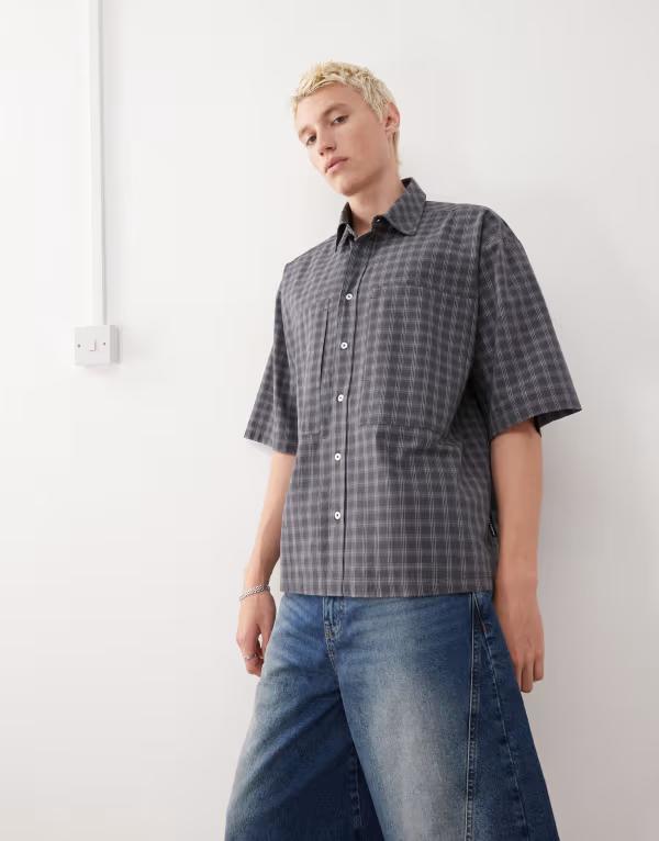 コルージョン メンズ トップス シャツ COLLUSION check shirt with short sleeve Blue gray グレー