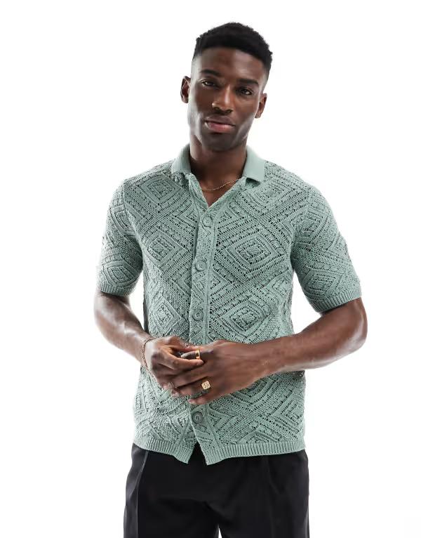 オンリーアンドサンズ メンズ トップス シャツ ニット ONLY & SONS open knit shirt in sage Iceberg green グリーン