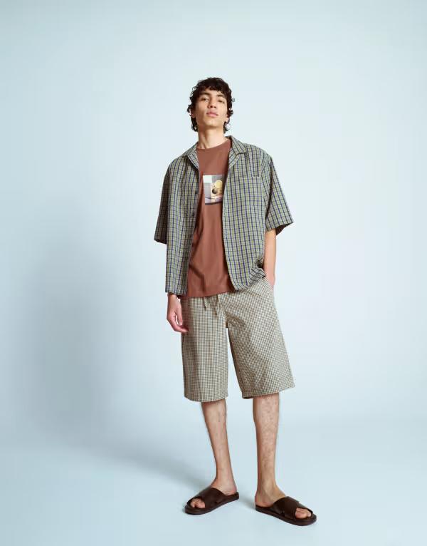 トップマン メンズ ボトムス ハーフパンツ・ショーツ ショートパンツ Topman jort cheesecloth plaid shorts SAGE GREEN グリーン