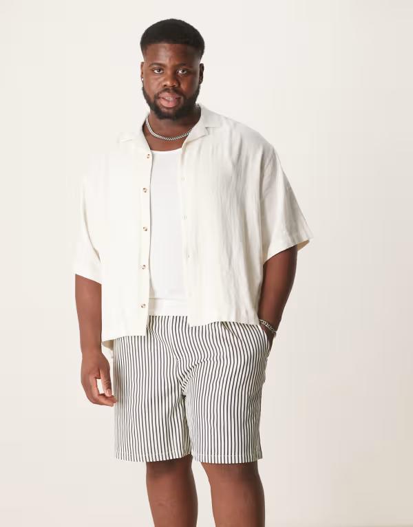 エイソス メンズ ボトムス ハーフパンツ・ショーツ ショートパンツ ASOS DESIGN wide shorter length shorts in ecru and navy stripe Multi マルチカラー