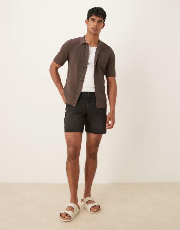 エイソス メンズ ボトムス ハーフパンツ・ショーツ ショートパンツ デニム ASOS DESIGN mid length slim denim shorts Black ブラック