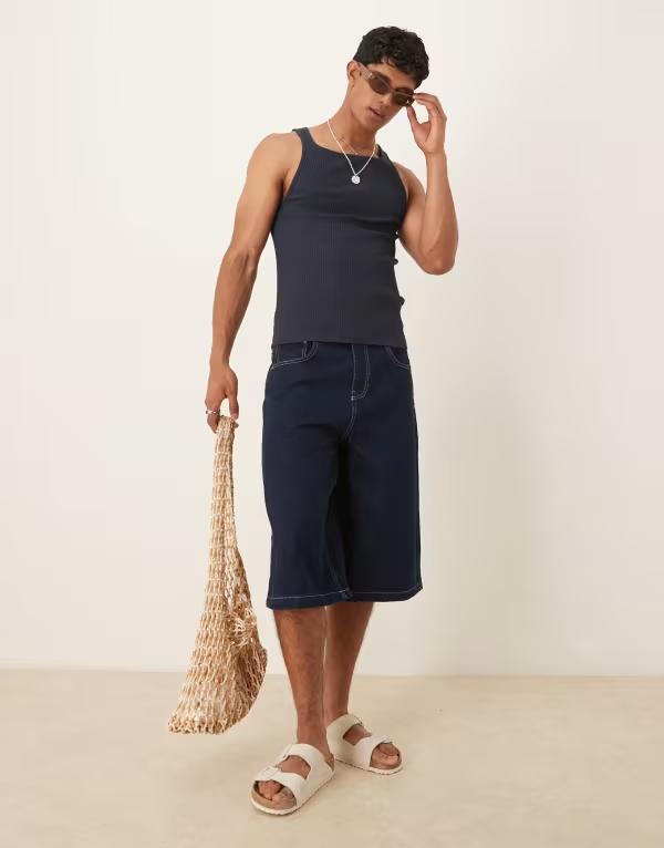 エイソス メンズ ボトムス ハーフパンツ・ショーツ デニム ASOS DESIGN longer length denim jorts in indigo INDIGO インディゴ