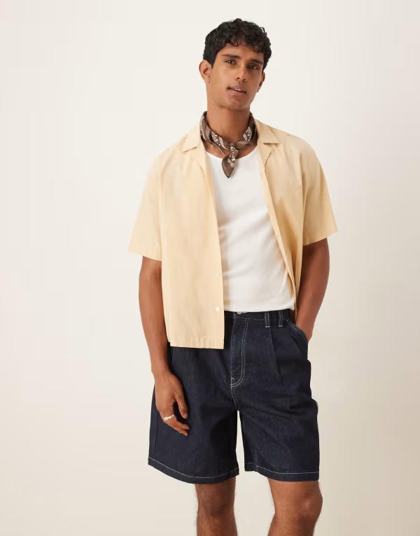 エイソス メンズ ボトムス ハーフパンツ・ショーツ デニム ASOS DESIGN mid length denim jorts with double pleats in raw wash INDIGO インディゴ｜ReVida 店