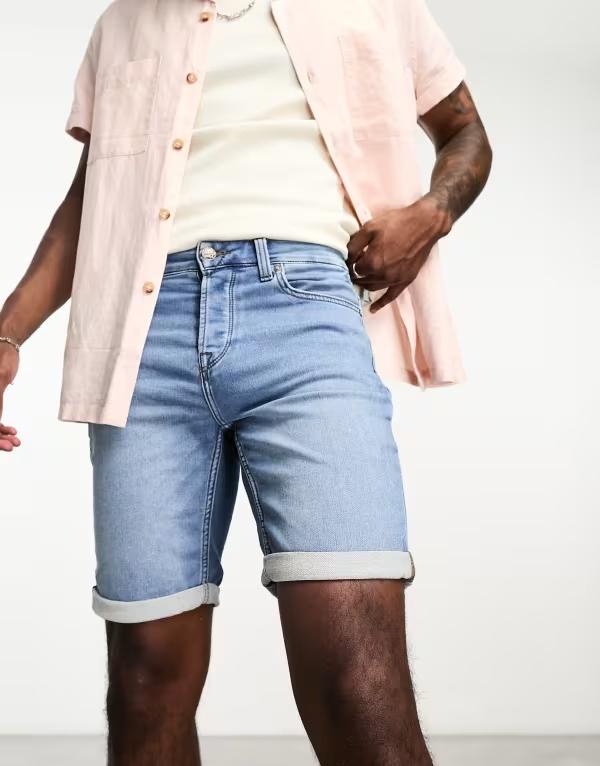 オンリーアンドサンズ メンズ ボトムス ハーフパンツ・ショーツ ショートパンツ デニム Only & Sons denim shorts in mid Blue Denim デニム