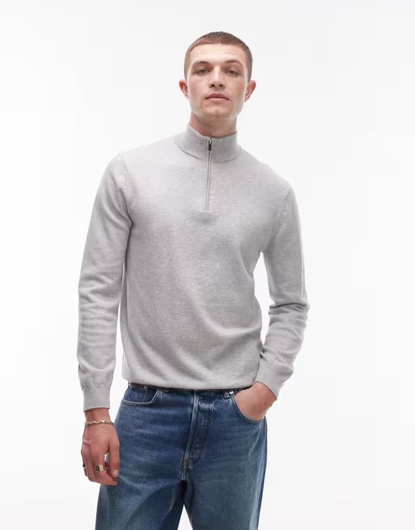 トップマン メンズ アウター ニット・セーター ウール Topman essential 1/4 zip funnel with wool in light LIGHT GRAY グレー