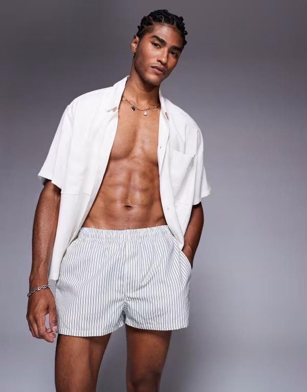 エイソス メンズ 水着 ハーフパンツ・ショーツ ショートパンツ ASOS DESIGN swim shorts in super short length stripe NEUTRAL ブルー