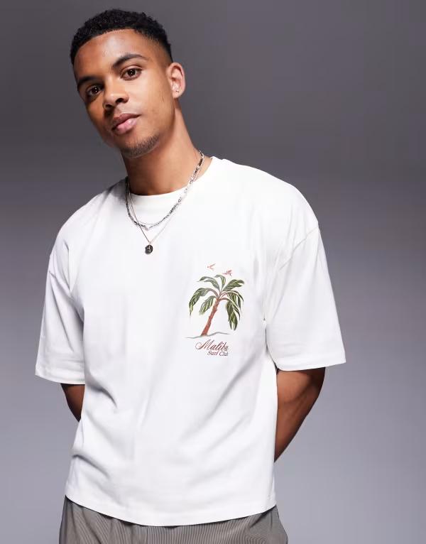 エイソス メンズ トップス Tシャツ グラフィック ASOS DESIGN boxy oversized t-shirt with palm tree graphic Coconut milk オフホワイト