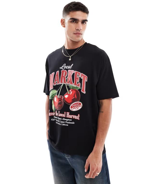 エイソス メンズ トップス Tシャツ グラフィック ASOS DESIGN heavyweight 240gsm oversized t-shirt with fruit graphic Black ブラック