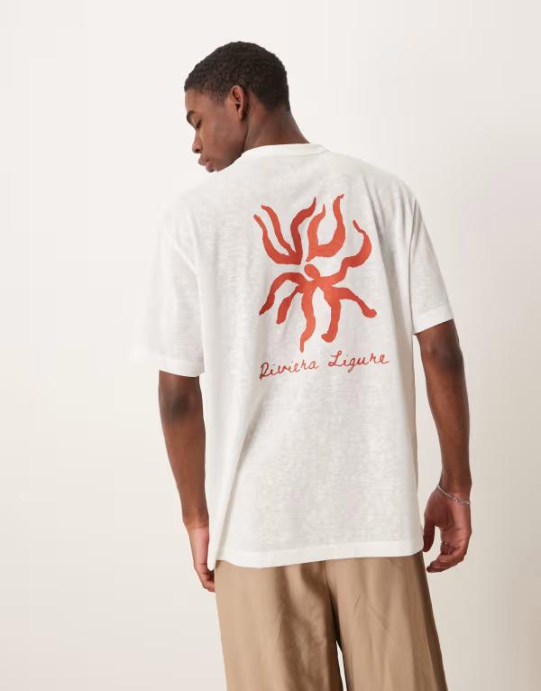 エイソス メンズ トップス Tシャツ リネン グラフィック ASOS DESIGN linen look relaxed t-shirt with riviera ligure graphic Off-white オフホワイト